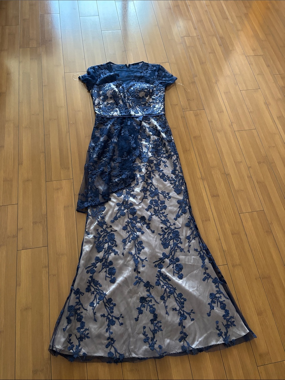 JS Collections Navy Blue Floral Lace Maxi Gown